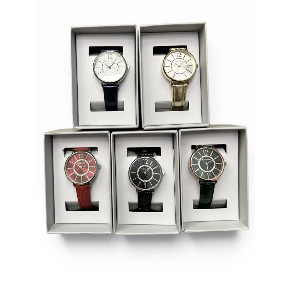 NEW Lot of 5 KESSARIS Watches Round Face Red, Black, Blue, Green, Gold Straps